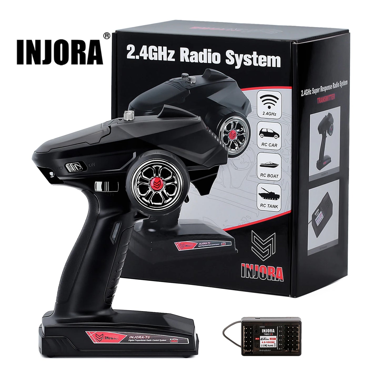 INJORA 2.4GHz Remote Control 6CH Digital Radio Transmitter with Gyro Receiver for 1/8 1/10 RC Car Boat Tank Crawler SCX10